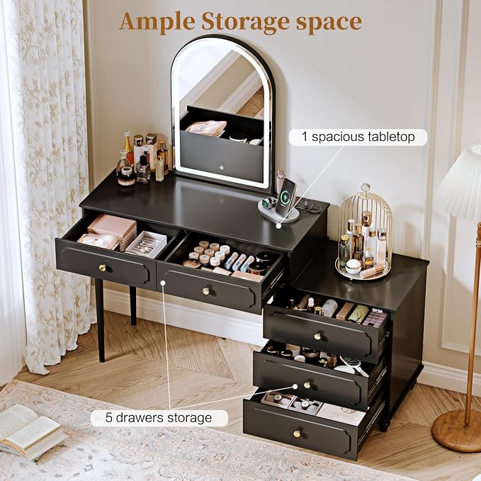 Ieejdn Black,Vanity Desk with Mirror and Lights,Makeup Vanity with Power Outlet and Adjustable Cabinet,Modern Makeup Table with 3 Drawers for Bedroom Makeup Room