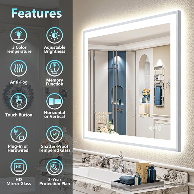 44x32 Inch Brushed Nickel LED Bathroom Mirror, Backlit & Front Lit | Silver Framed Anti-Fog Lighted Vanity Mirror with Lights, 3 Color Dimmable, Memory, HD Tempered Glass, CRI95, IP54, UL Listed