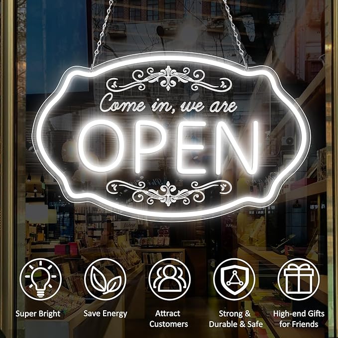 LED Neon Open Sign for Business, 16.5x10'' Come in We’re Open Sign, Daylight White Adjustable Brightness Neon Lights for Party, Bar, Salon, Stores, Hotel, Wall Decor, Clubs, Hotels