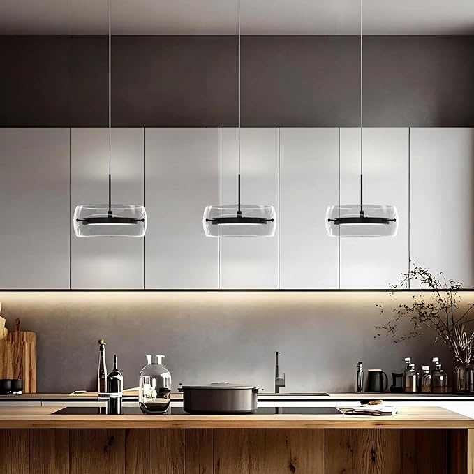 3-Pack Modern Pendant Lights Kitchen Island, Dual-Sided LED 3-CCT Dimmable Glass Hanging Lighting Fixture, Adjustable Cable for Dining Room, Bar, Over Table, Sloped Ceiling Matte Black