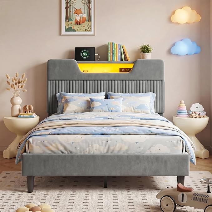 Homkdom Full Bed Frame with Charging Station & Storage Headboard,Grey | 1USB-C & 2USB-A Charging, RGB LED Lights,7.78" Under-bed Storage,Velvet Upholstered Headboard,No Box Spring,Easy Assembly.