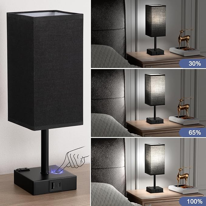 Set of 2 Black Table Lamp for Bedroom - Dimmable Touch, USB C+A, AC Outlet | 3-Way Dimming, 5000K Daylight Bulb Included, Nightstand Lamp with Square Linen Shade, Small Room Decor for Men, Boys, Desk