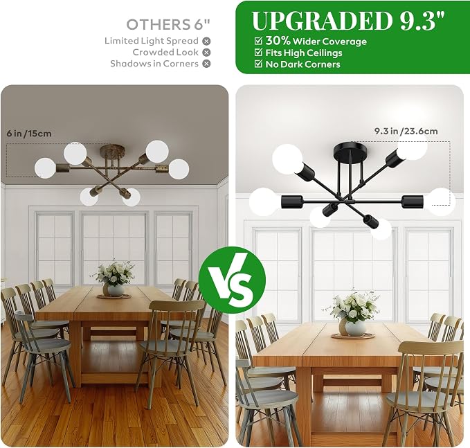Black Sputnik Chandelier 6 Light, 22" Mid Century Modern Ceiling Light Fixture, Industrial Semi Flush Mount for Dining Room Bedroom Kitchen, E26 Base