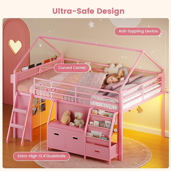 ADORNEVE Low Loft Bed Full Size with Bookshelf, Reading Nook & 3 Drawers | Pink Kids Loft Bed, LED Light, Storage Drawers, Under-Bed Play Space,Safety Guardrail, Inclined Ladde, Play Curtain