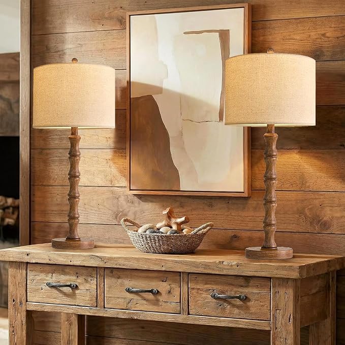 ILLMTW Wood Table Lamp Set of 2,Vintage Buffet Lamps Mid Century Bedside Lamp Wooden Nightstand Lamp Farmhouse Retro Side Tall Table Lamp Rustic Boho for Bedroom Living Room