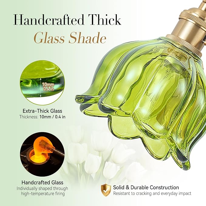 Bathroom Light Fixtures Over Mirror,3-Light Brushed Gold Vanity Lights with Green Tulip Glass Shades,Vanity Lighting Fixtures for Bathroom Bedroom Kitchen Living Room Hallway