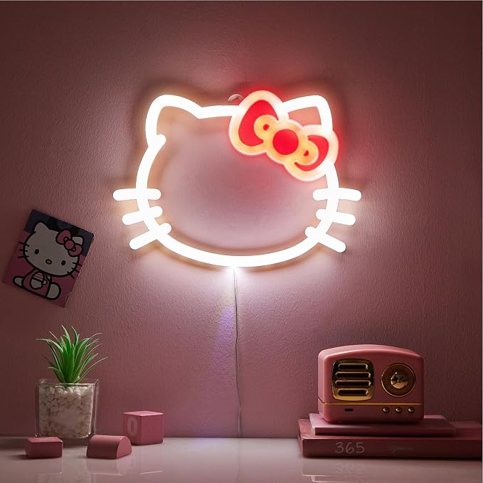 Hello Kitty LED Neon Wall Light,Figural Light-Up Wall Hanging Décor,Battery Operated,Cute Night Light for Kids Bedrooms