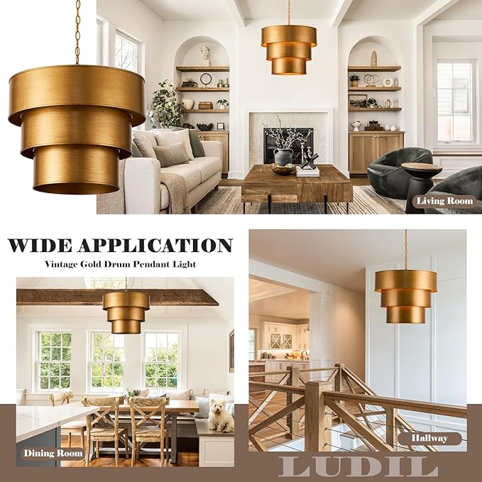 21" Vintage Metal Drum Chandelier, 7-Light E12 Industrial Adjustable Chain Hanging Pendant Light Fixtures. 3 Layer Lampshade Gold Metal Drum Chandelier for Foyer Entryway, Kitchen, Bedroom