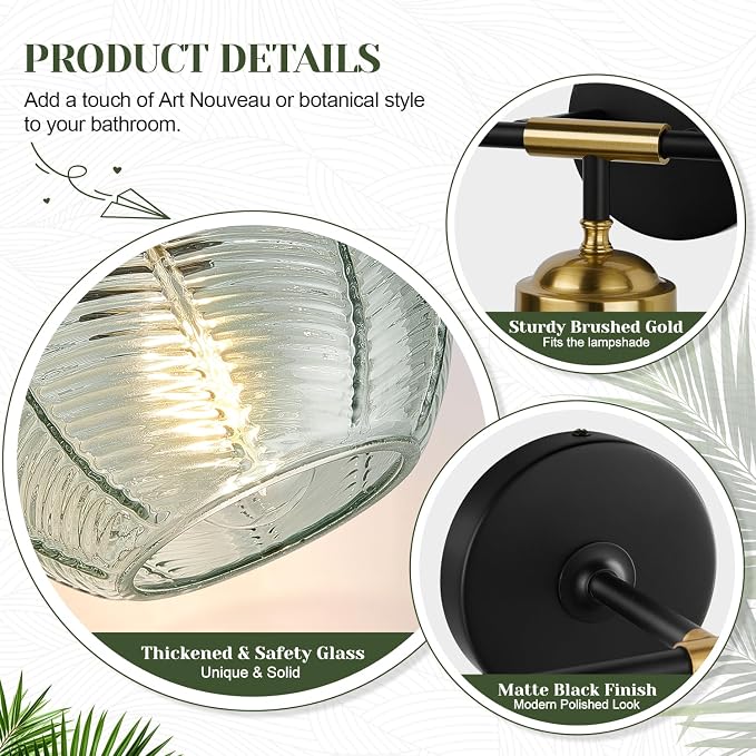 MOKATNG Bathroom Light Fixtures, 2-Light Green Vanity Lights with Unique Leaf Texture Glass Shade, Modern Matte Black and Gold Bathroom Wall Lamp for Mirror Hallway Cabinet Living Room