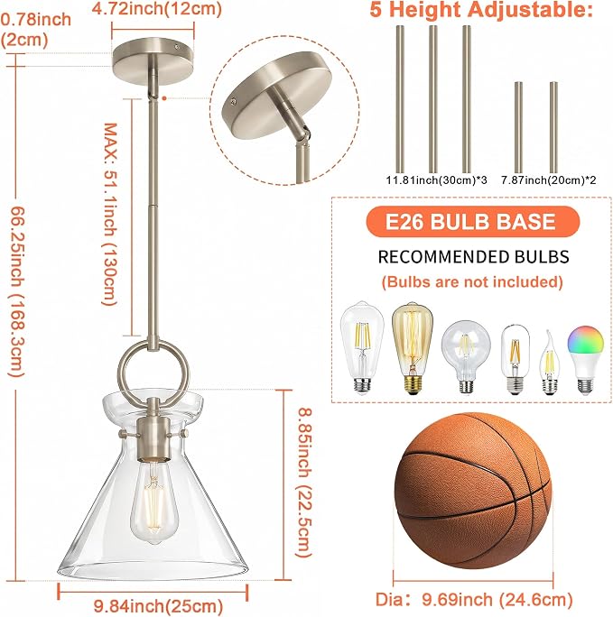Glass Pendant Lights Kitchen Island Nickel 9.84'' Clear Glass Shade | Modern Pendant Lighting Over Sink, Adjustable Hanging Ceiling Light, E26 Dimmable Hardwired for Dining Room Hallway, 1-Pack