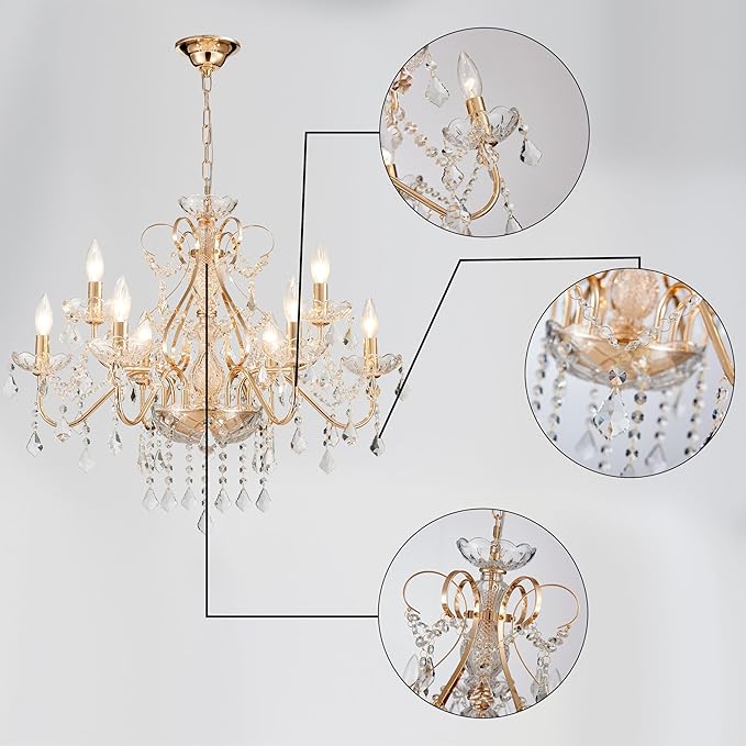Saint Mossi Gold Crystal Chandelier for Dining Room, 9-Light Modern Chandelier Pendant Light, French Gold Crystal Raindrop Chandelier for Bedroom, Living Room, Foyer, H19 x D24