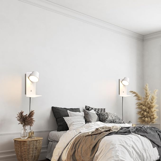 DEC LUCE DECOLUCE LIGHTING Modern LED Plug in Wall Sconce, Dimmable Wireless Wall Light Fixtures with Shelf and USB Port, 6W,600LM, Rotatable Small Reading Wall Lamp for Bedroom Bedside, White