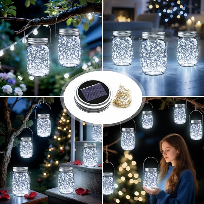 Mason Jar Solar Lights for Outside, 12 Pack 30LED(No Jars) Fairy Lights Mason Jar Solar Lids Outdoor Waterproof String Lights with Hangers for Patio Garden Yard Lawn Decoration - Cool White