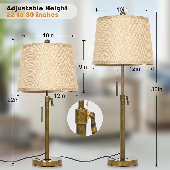 Antique Bronze Table Lamps Set of 2 Adjustable Height 22" to 30"Tall 3 Brightness Way Bedside Nightstand with Pull Chain Switch Pole Lights for Living Room Guest Bedroom End Table(Bulbs Included)