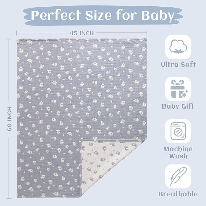 NTBAY 3 Layer Oversized Muslin Toddler Blanket, 45 x 60, Blue Elephant | Muslin Cotton Outer Layers with Light Thermal Fiber Fill, Reversible Blanket for Daycare, Travel, Naps, and Supervised Use