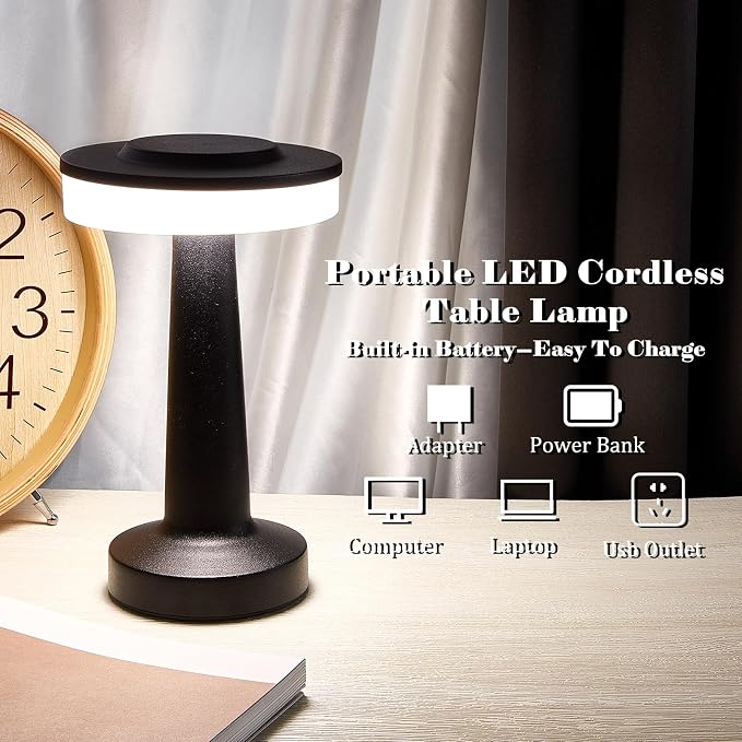 Riakrum 1 Pcs Black LED Portable Cordless Table Lamp Bulk with Touch Sensor 3 Color Stepless Dimming Rechargeable Battery up to 15 Hours Cordless Table Light Wireless Lamp Wedding Home