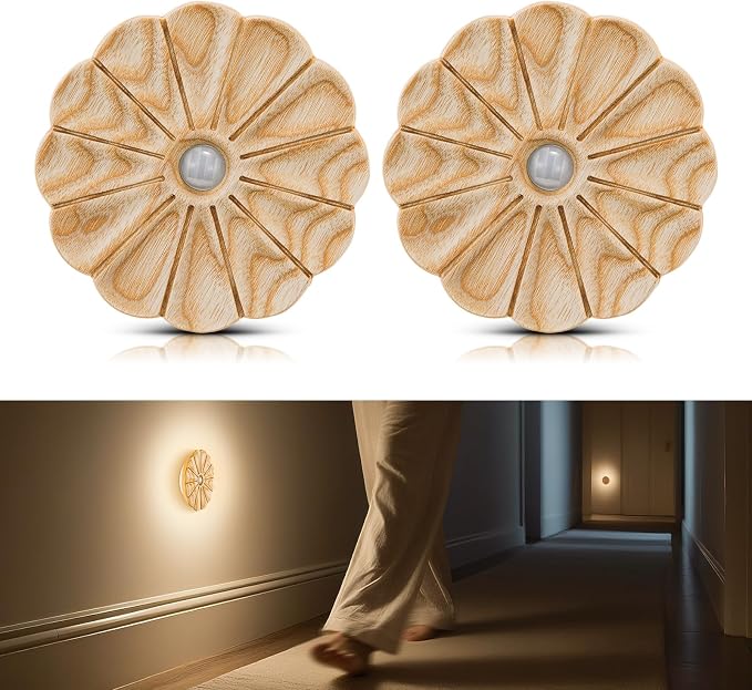 Flower Night Light with Motion Sensor, 2 Pack Rechargeable Night Lights | Ash wood, Backlit Soft Glow, Flower Motion Sensor Light, Stick-on Magnetic Lights for Stair, Hallway, Bedroom, Living Room