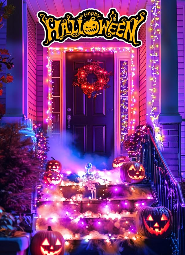 240 LED Solar Halloween Lights Outdoor Waterproof IP65, 20FT 8 Light Modes | Halloween Solar Lights Outdoor Solar Halloween String Lights Outdoor Twinkle Fairy Light Garland Decorations, Orange Purple