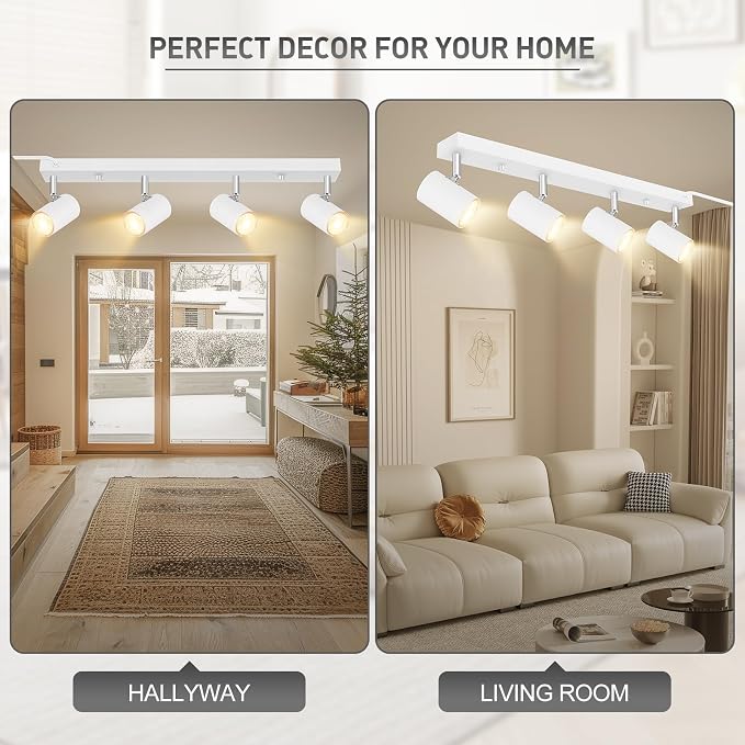 LED Track Lighting Ceiling Fixtures, White 4-Light Plug in Track Lights for Kitchen, 23" Ceiling Spotlight, 15 FT Cord,Flexibly Rotatable Wall Mount Light Head for Bedroom Hallway
