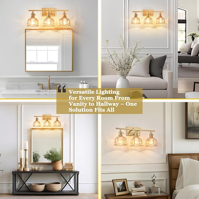 3-Light Amber Tulip Glass Vanity Light, Brushed Gold Vintage Bathroom Wall Sconce, 19.4" Antique Brass Hardwired Wall Lamp for Mirror, Powder Room, Bedroom (Individual Switches, Bulbs Not Included)