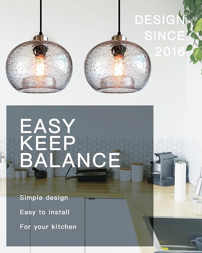 Glass Pendant Lights, Marble Clear, 2 Pack | Modern Rustic Kitchen Island Dining Room Table,Adjustable Cord,,Brushed Nickel,ETL Certification