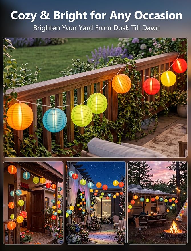 25FT Colorful Lantern String Lights Outdoor Waterproof, 10 Nylon 8-Inch Hanging Lanterns with 11 G40 LED Bulbs, End-to-End Connectable Decorative Patio Lights for Party, Garden, Backyard