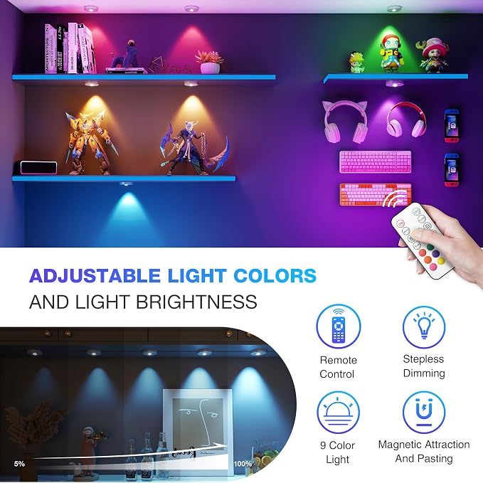 RGB Puck Lights with Remote Control,Under Cabinet Lighting,Silver,5PCS | 2000mAh Battery Operated Tap Lights Rechargeable, 9 Colors & 2 Dynamic Changing, Magnetic Stick on Light for Closet
