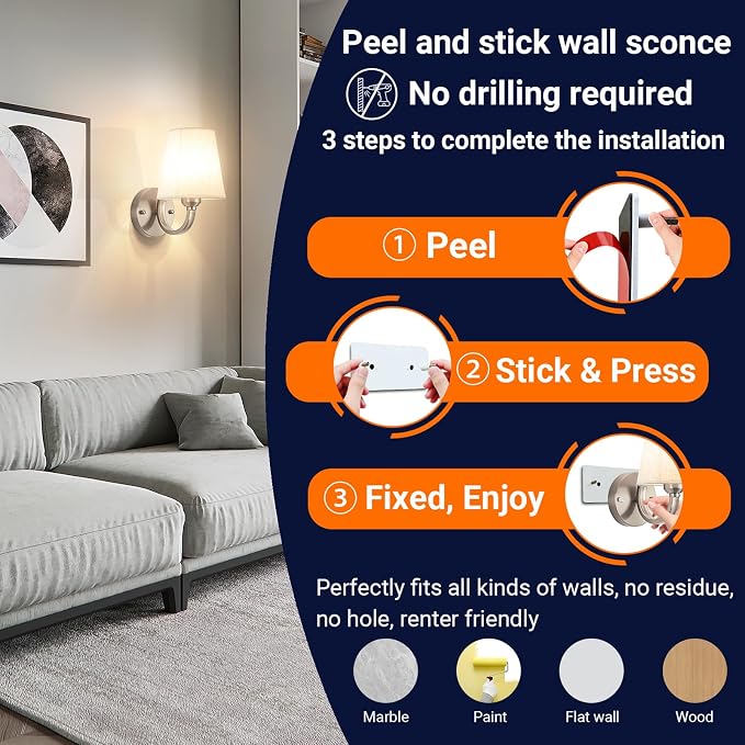 YHCDLAMP Peel and Stick Wall Sconces, No Drilling Stick On Wall Sconce, Wireless Battery Operated Wall Lights, Adhesive Wall Lamp with 10000mAh Battery Bulb for Bedroom Living Room Decor