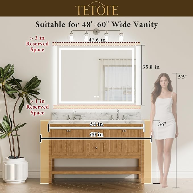 LED Bathroom Mirror with Lights 48 x 36 Brighter Light up Mirror for Bathroom Vanity, Front and Backlit Lighted Antifog Mirror Wall Mounted, 3-Color Dimmable, Waterproof, Tempered Glass