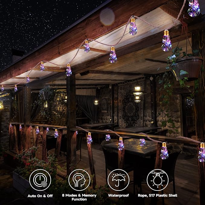 Solar Outdoor String Lights, 20Ft Vintage Rope Hemp Solar Patio Lights | Waterproof Multicolor Solar Powered String Lights With 8 Modes 16 Shatterproof Bulbs for Garden Fence Stairs Balcony Bistro