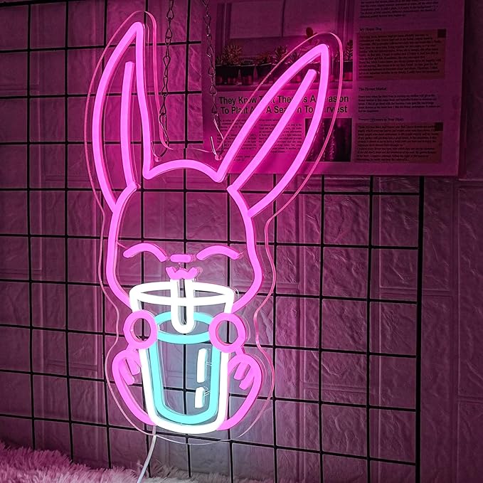 Rabbit Drinking Milk Tea Neon Sign Easter Rabbit Neon Sign for Wall Decor Dimmable Led Pink Bunny Neon Lights USB Power Animal LED Sign for Home Decor for Bedroom Restaurant Easter Gifts