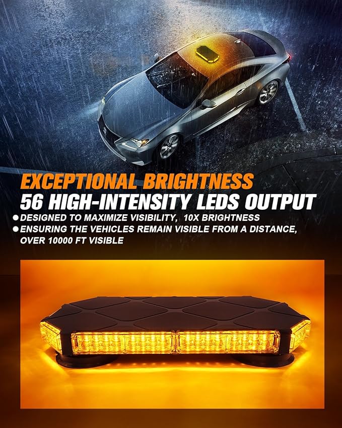 LUMENIX 56 LED Roof Top Strobe Beacon Lights Bar Rooftop Hazard Warning Emergency Safety Flashing Plow Light for Construction Vehicles Tow Commercial Trucks Postal Security Cars Snowplow - Amber