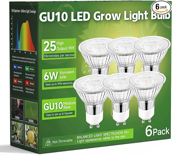 6W GU10 LED Grow Light Bulb,6 Pack Full Spectrum 4000K | Natural White Plant Light for Low Light Indoor Plants, Small Plant Pots