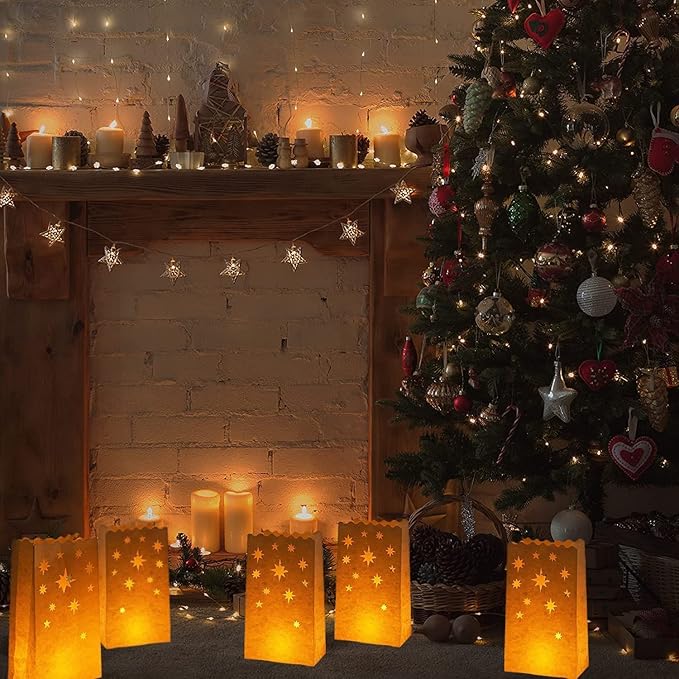 White Paper Luminary Bags - 50-Pack Candle Lantern Bags, Fire-Retardant, Star Luminaries for Christmas, Weddings, Birthday Party Valentine's Day Decoration, 5.9 x 10 x 3.5 Inches