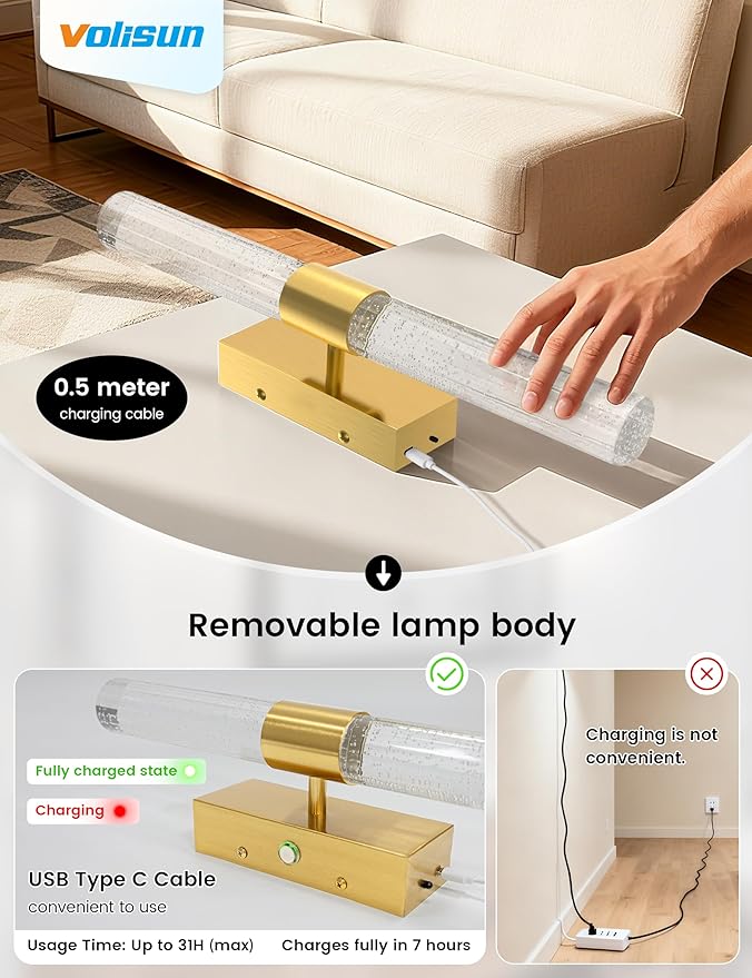 VOLISUN Battery Operated Wall Sconces Set of Two,Gold Sconces Wall Decor Set of 2,Wireless Wall Sconces with Remote,Rechargeable Wall Light for Living Room,Bedroom,Bathroom,Vanity (15.3 inch)