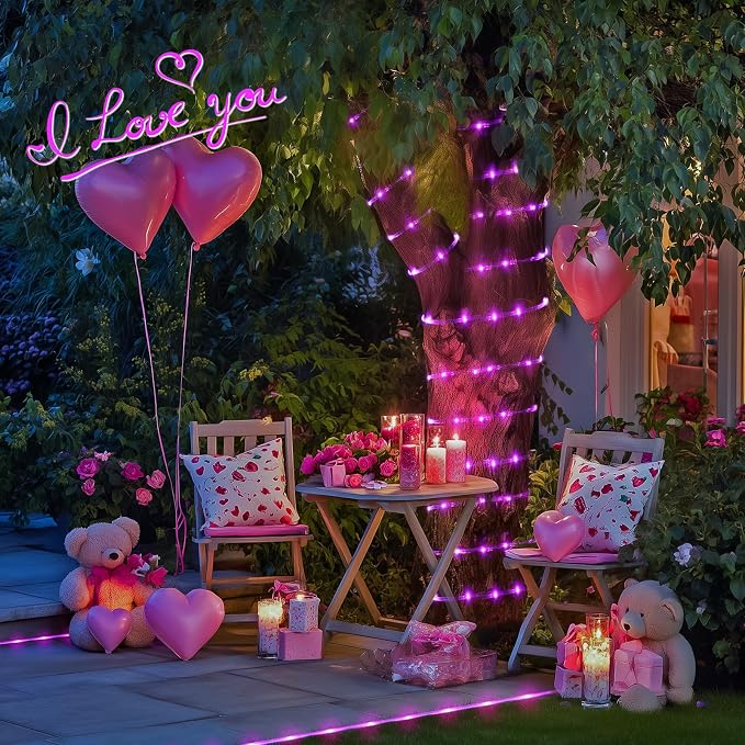 JMEXSUSS 2 Pack 100LED Pink Solar Rope Lights Outdoor Waterproof | 33ft, 8 Modes, Outdoor Waterproof, Pink Christmas Lights for Valentine's Day Home Christmas Tree Decoration