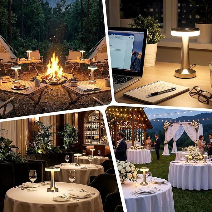 Riakrum 4 Pcs Silver LED Portable Cordless Table Lamp Bulk with Touch Sensor 3 Color Stepless Dimming Rechargeable Battery up to 15 Hours Cordless Table Light Wireless Lamp Wedding Home