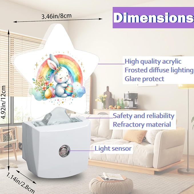 Easter Rabbit Night Lights Plug Into Wall Decorative,Colorful Rainbow Sleep Friendly Lamp, Energy Efficient Dusk-to-Dawn Sensor Nightlights for Kid Bedroom Nursery Bathroom