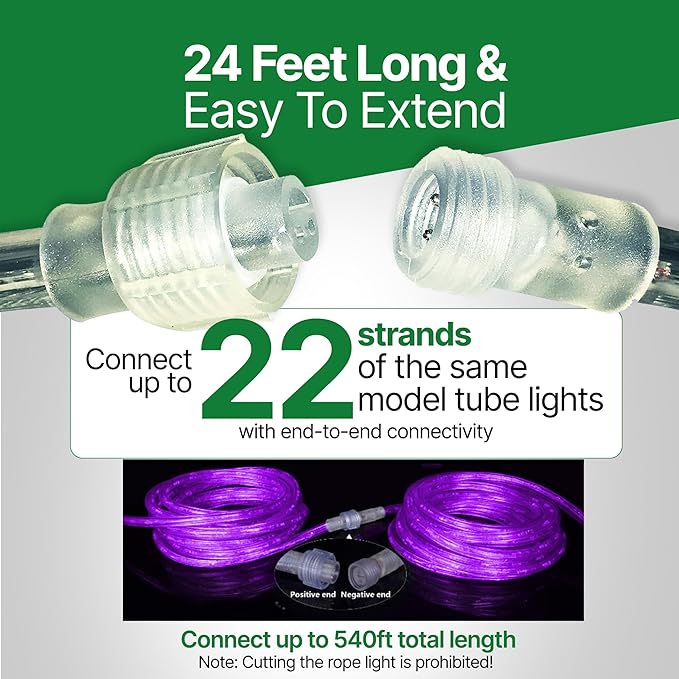 Tupkee LED Rope Light Purple - for Indoor and Outdoor use, 24 Feet (7.3 m) - 10MM Diameter - 144 LED Long Life Bulbs Rope Tube Lights