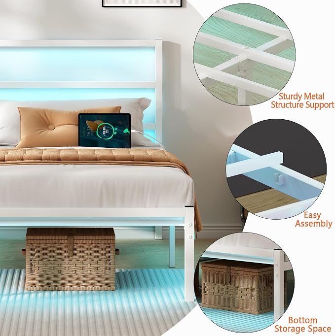 CLIBFENG Twin Bed Frame with Headboard,Heavy Duty Steel Slats Support-LED Bed Frame with USB Charging Station,Mattress Foundation-Under Bed Storage,No Box Spring Needed,Noise Free,White