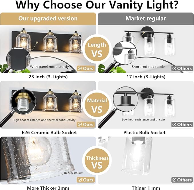 Vanity Lights for Bathroom Large 23", Farmhouse Rustic Vanity Light with Bubble Glass Shades, Black and Gold 3 Light Bathroom Lighting Fixtures Over Mirror, Bath Wall Sconce Home Decor