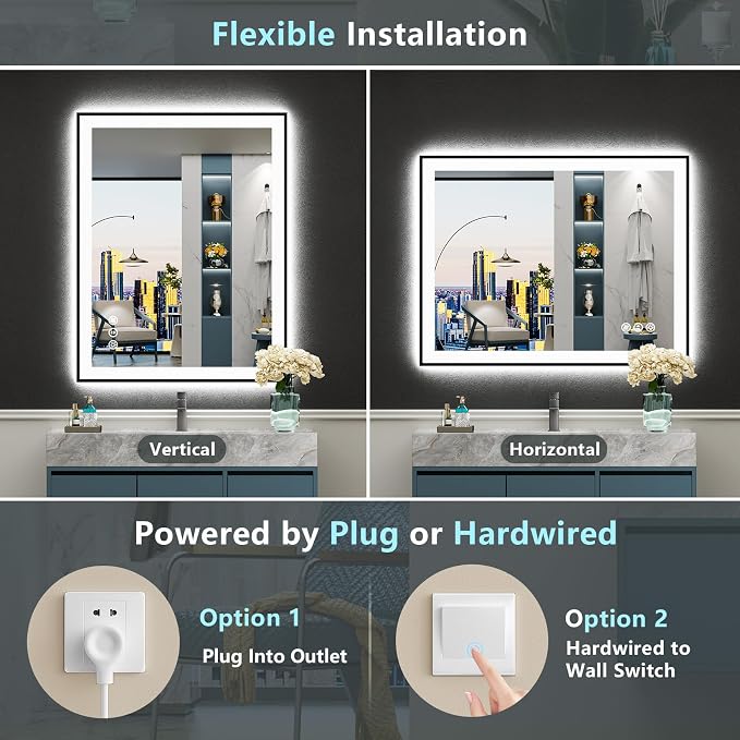 24x30 Black LED Bathroom Mirror, Backlit & Front Lit Lighted Mirror | Metal Framed Anti-Fog Vanity Mirror with Lights, 3 Color Dimmable, Memory, Tempered Glass, CRI95, IP54, Horizontal/Vertical