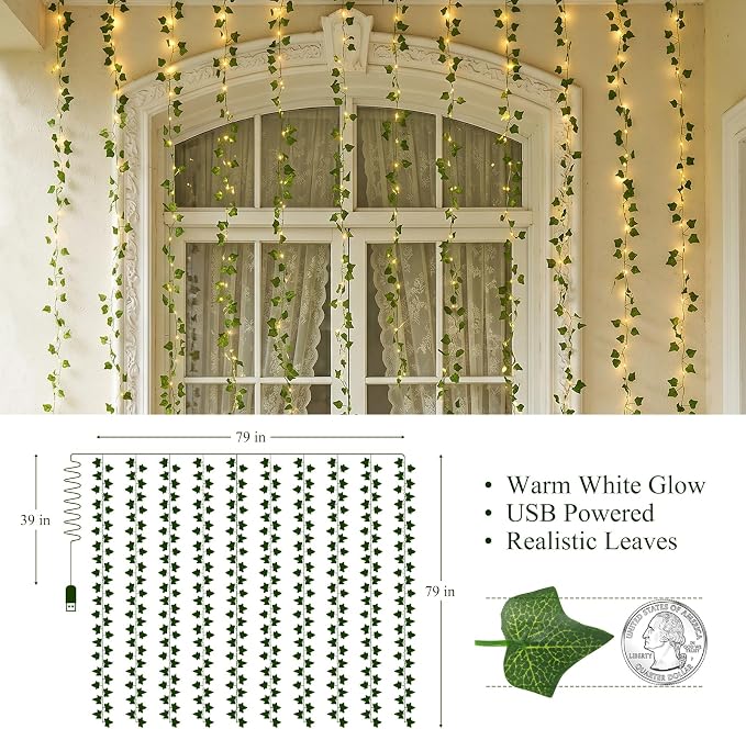 BobbleT Vines with Lights for Bedroom, 200 LED Fairy Curtain Lights | Warm White Fairy String Lights for Bedroom, 6.5 ft x 6.5 ft, USB Powered with Remote Control and 8 Modes for Bedroom & Dorm