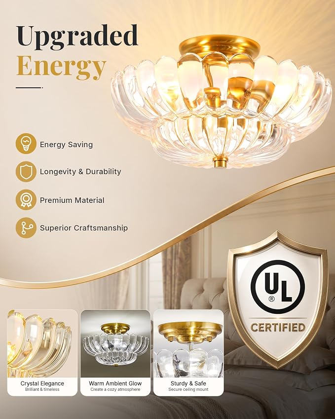 Semi Flush Mount Ceiling Light Fixture 14" Vinatge Gold Ceiling Lights Mid Century Modern Clear Glass Close to Ceiling Lighting Fixtures for Bedroom Hallway Kitchen Laundry Room Bathroom