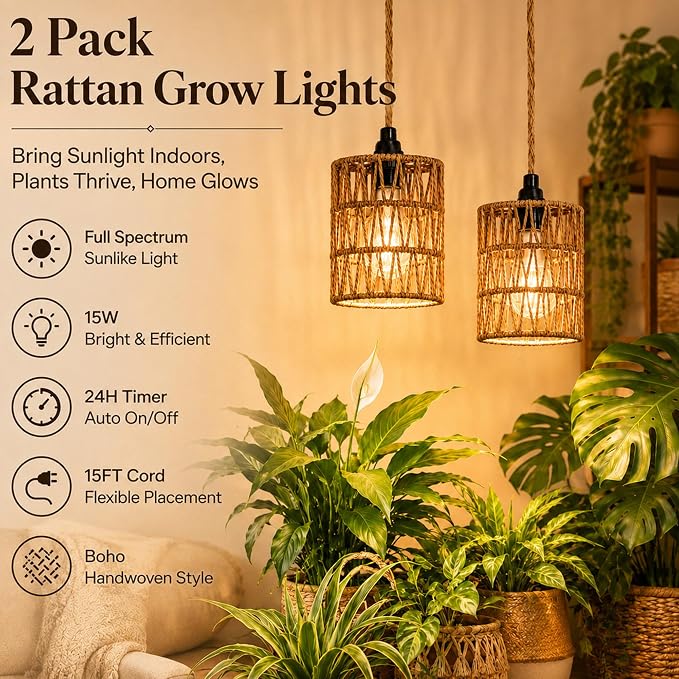 2 Pack Hanging Grow Lights for Indoor Plants Boho Rattan Plant Light | 15FT Power Cord with Timer, 15W Full Spectrum Pendant Plant Lights for Indoor Growing Greenhouse Flowers Home Decor