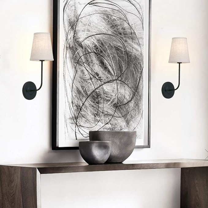 Classic Rustic Wall Sconce Light Fixture with Flared Funnel Linen Fabric Shade Nightstand Lamps for Living Room Bedrooms Bedside Reading (Black)