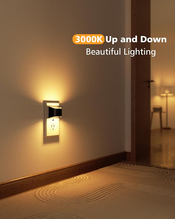 VOLISUN Night Lights Plug into Wall, 2 Pack Up and Down LED Night Light with Dusk to Dawn Light Sensor, 3000K Warm White Nightlight for Hallway, Bedroom, Bathroom, Kitchen Black
