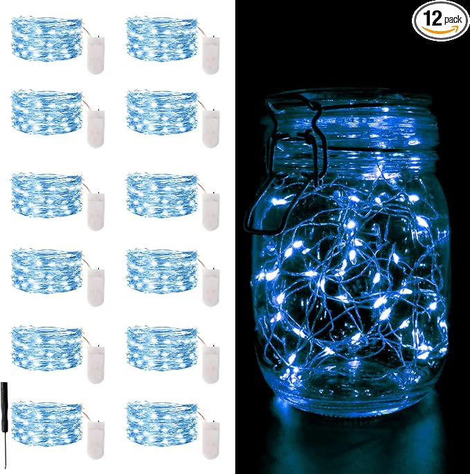 12 Pack Fairy Lights Battery Operated 7FT 20LED Silver Wire String Lights | Waterproof Blue Christmas Light Outdoor, Firefly Mini Lights for Bedroom Party Birthday Wedding Indoor Decorations Home Decor