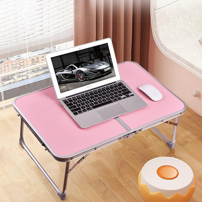 Foldable Laptop Desk, Portable Bed Table with Hidden Storage, Pink | 23.6 x 15.3 in Work Surface, Hidden Storage, Aluminum Frame, Anti-Slip Feet, Carry Handle, Safety Locks