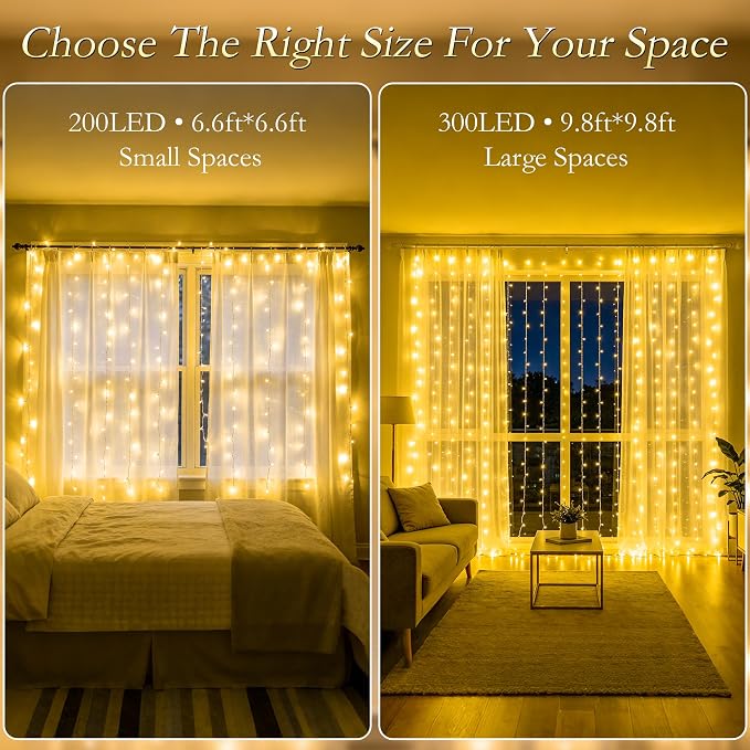 Curtain String Lights Indoor, 200LED 6.6 * 6.6FT USB Plug-in Window Curtain Lights with Timer and 8 Modes, Waterproof Warm White Curtain Fairy Lights for Bedroom Room Wedding Outdoor Decor